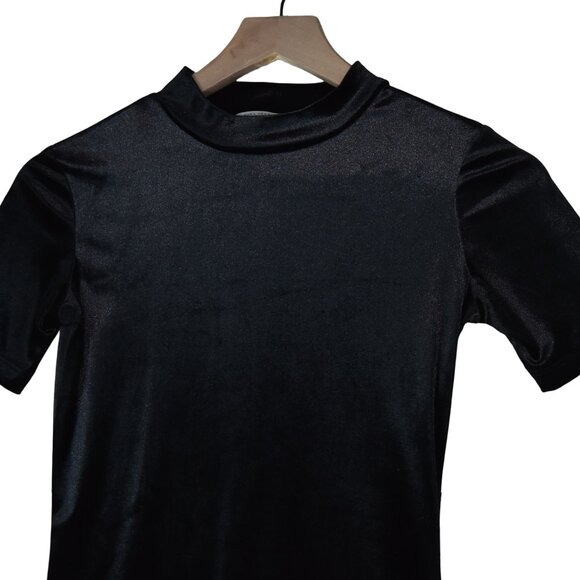 Zara Trafaluc Black Velvet Midi Dress S Mock Neck Minimalist Sleek Fit - Picture 6 of 7